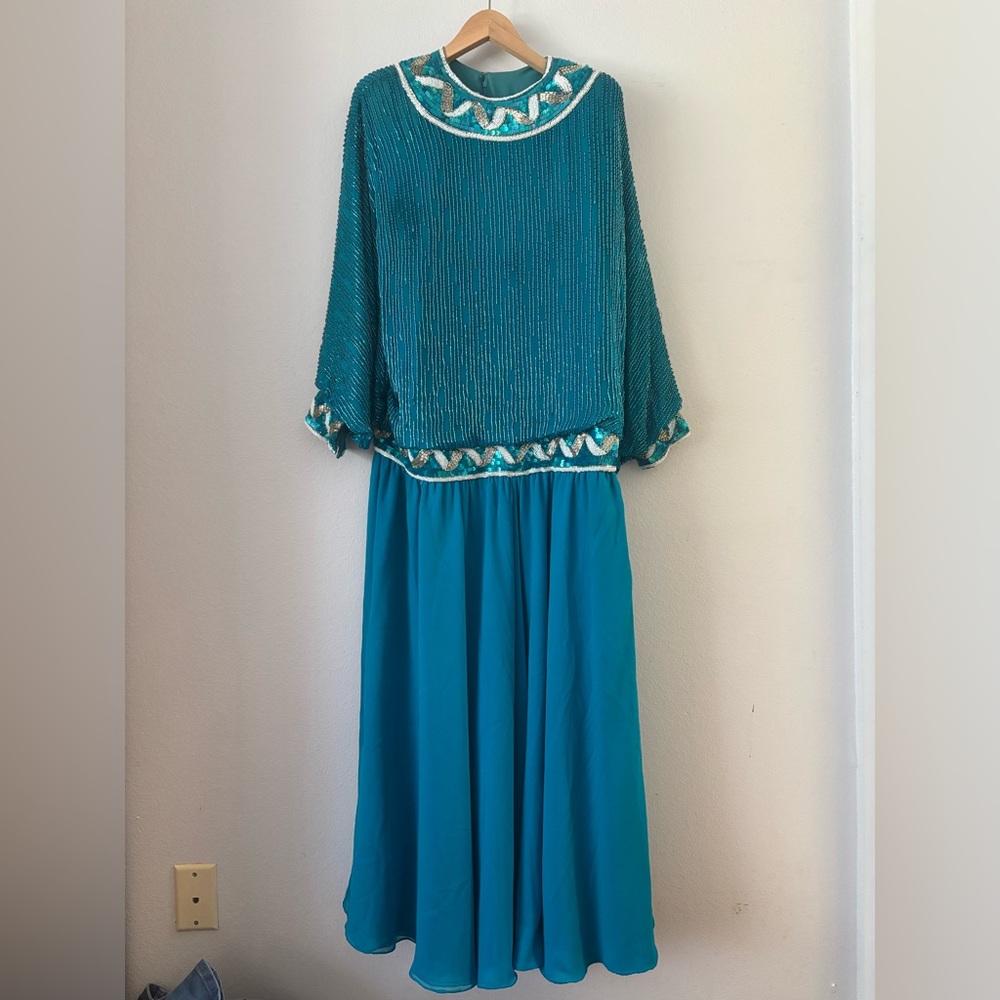Neiman Marcus Yearick Blue Beaded Vintage Dress with Shoulder Pads 💗 SZ 14